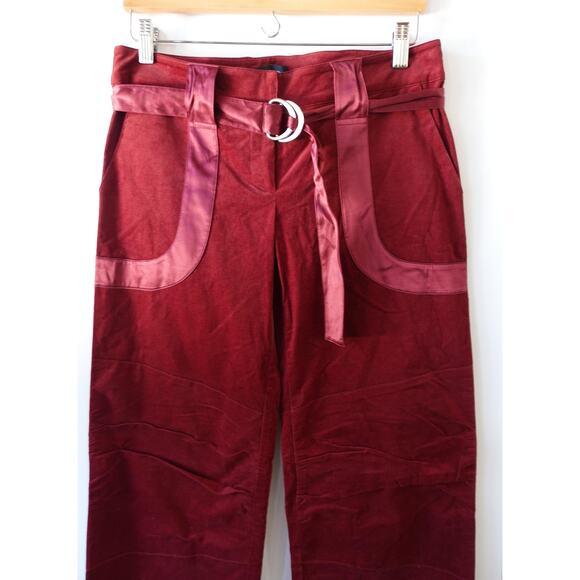 Bebe Pants Womens 8 Burgundy Red Stretch Utility Cargo Satin Trim Belted Mid Y2K - Picture 2 of 10